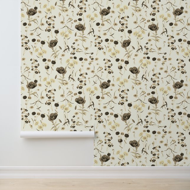 Modern Vintage Beige Wildflowers Ivory White Wallpaper (Application)