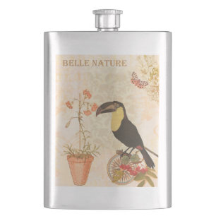 Modern Vintage Bird Pink Flower Butterfly Hip Flask