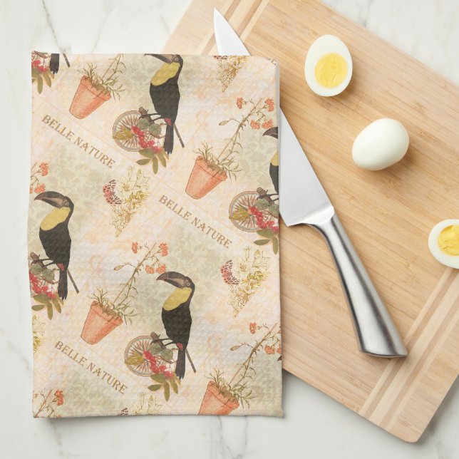 Modern Vintage Bird Pink Flower Butterfly Kitchen Towel (Quarter Fold)