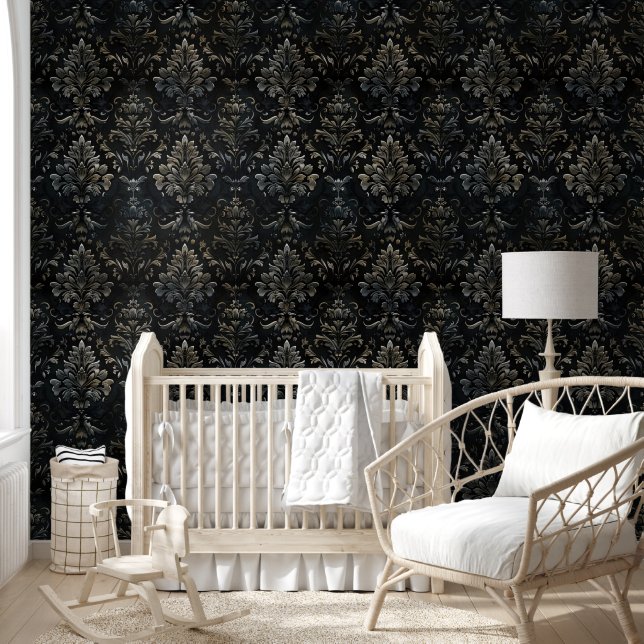 Modern Vintage Black and White Damask Gothic Wallpaper (Kids)