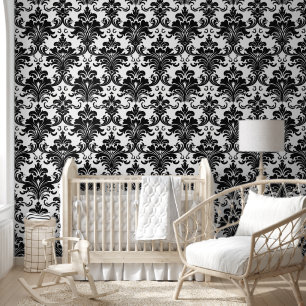Modern Vintage Black and White Damask Wallpaper