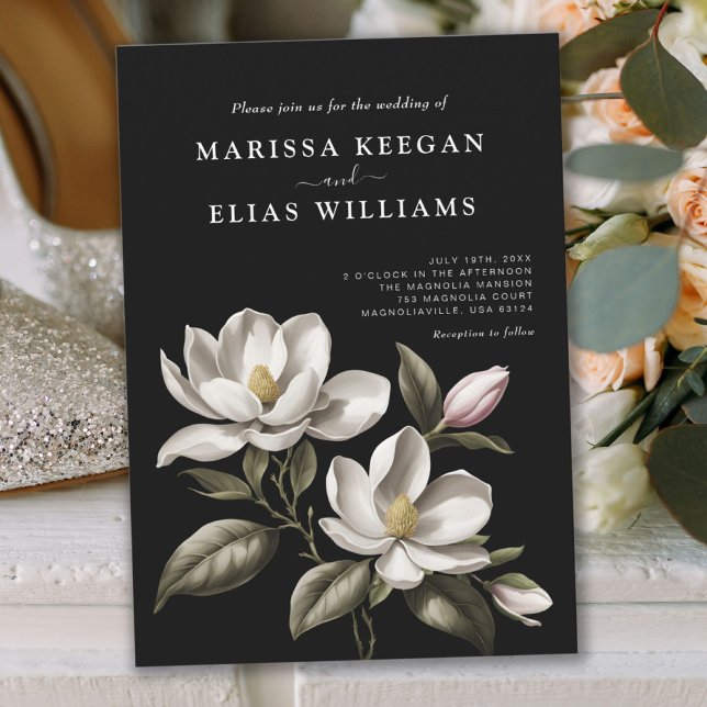 Modern Vintage Black and White Magnolia Wedding Invitation (Modern Vintage Black and White Magnolia Wedding Invitation)
