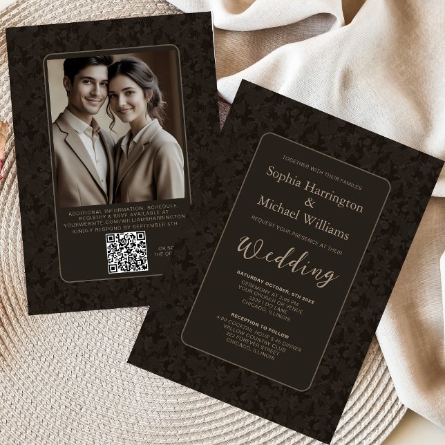 Modern Vintage Black Brown Wedding Invite QR Code (Creator Uploaded)