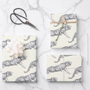 Modern Vintage Black White Tiger on Ivory Wrapping Paper Sheet
