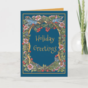 Modern Vintage Blue Christmas Floral Wreath Birds Holiday Card