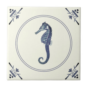 Modern Vintage Blue Sea Horse on Ivory Tile