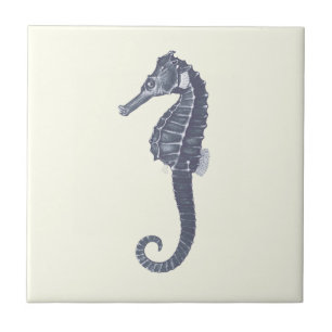 Modern Vintage Blue Sea Horse on Ivory Tile