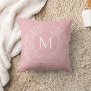 Modern Vintage Blush Pink Floral Crest Monogram Throw Pillow
