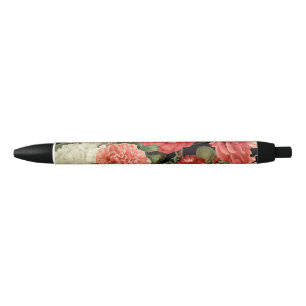modern vintage botanical pink flowers black ink pen