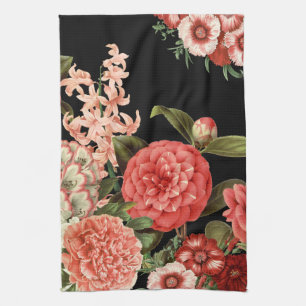 modern vintage botanical pink flowers kitchen towel
