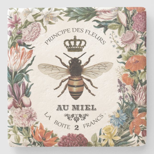 MODERN VINTAGE BOTANICAL QUEEN BEE STONE COASTER (Front)