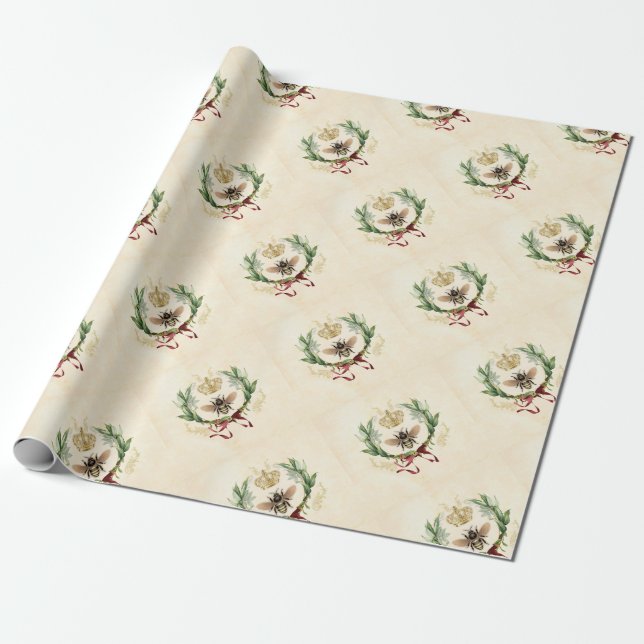 Modern Vintage Botanical Queen Bee Wrapping Paper (Unrolled)