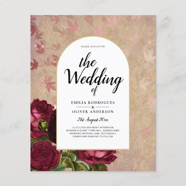 Modern Vintage Botanical Red Roses Wedding Invite Flyer (Front)