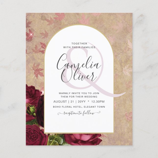 Modern Vintage Botanical Red Roses Wedding Invite Flyer (Front)