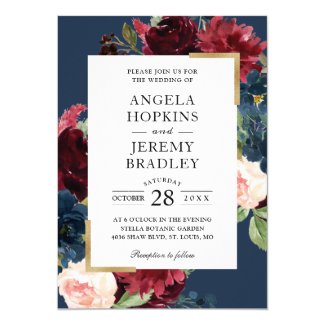 Modern Vintage Burgundy Floral Navy Blue Wedding Card