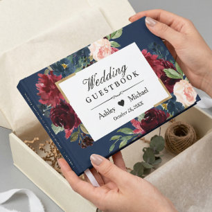 Modern Vintage Burgundy Floral Navy Blue Wedding Guest Book