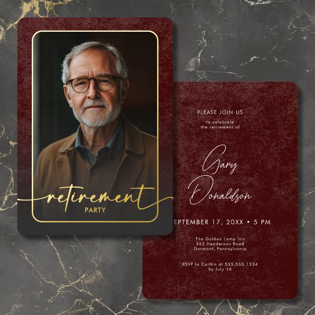 Modern Vintage Burgundy Photo Retirement Party (Modern Vintage Burgundy Photo Retirement Party Foil Invitation)