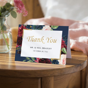 Modern Vintage Burgundy Red Blue Floral Thank You Card