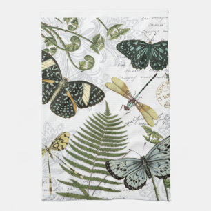 modern vintage butterflies and dragonflies kitchen towel