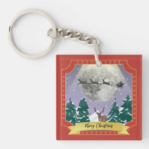 Modern Vintage Christmas Night with Santa Reindeer Keychain