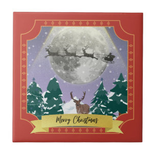 Modern Vintage Christmas Night with Santa Reindeer Tile