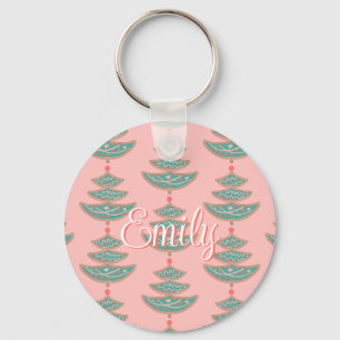 Modern vintage Christmas tree pattern on peach Keychain