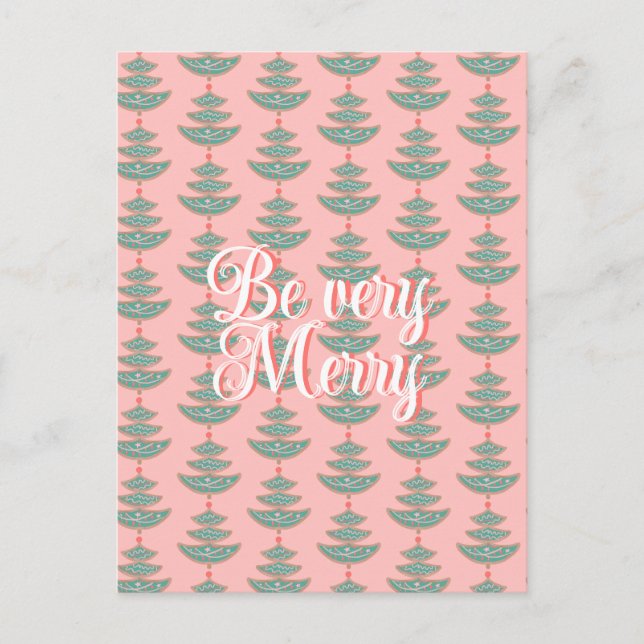 Modern vintage Christmas tree pattern on peach Postcard (Front)