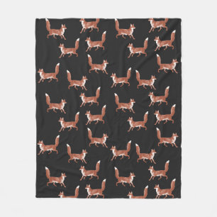 Modern Vintage Cute Red Fox Pattern on Black Fleece Blanket