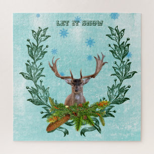 Modern Vintage Deer Rustic Winter  Snowflakes Blue Jigsaw Puzzle