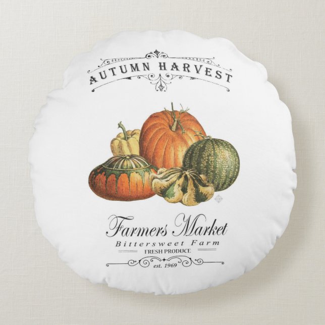 modern vintage fall gourds and pumpkin round pillow (Front)