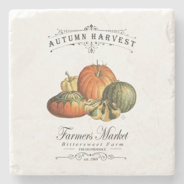modern vintage fall gourds and pumpkin stone coaster (Front)