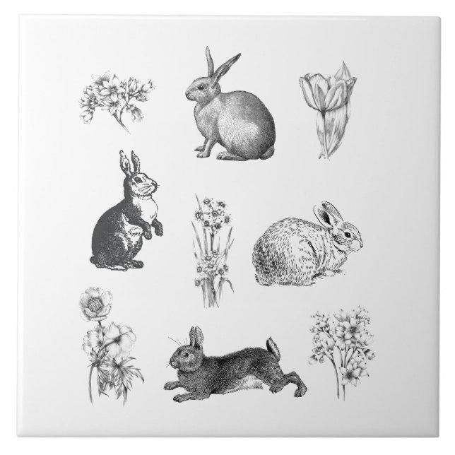 Modern vintage farmhouse Easter rabbits Tile (Front)