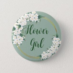 Modern Vintage Floral White on Green Flower Girl 2 Inch Round Button