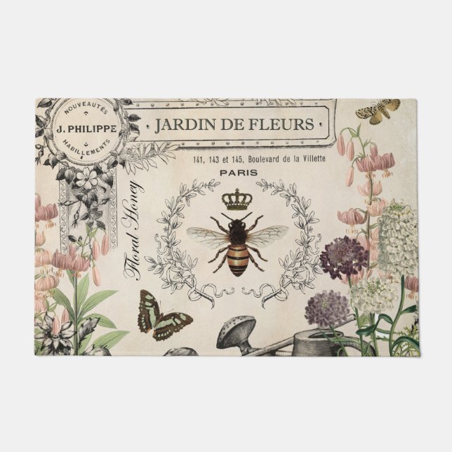 Modern Vintage French Bee garden Doormat (Front)