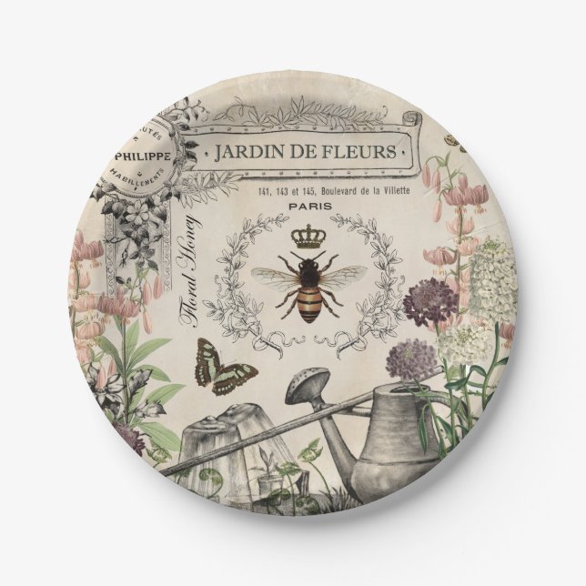 Modern Vintage French Bee garden Paper Plate (Front)