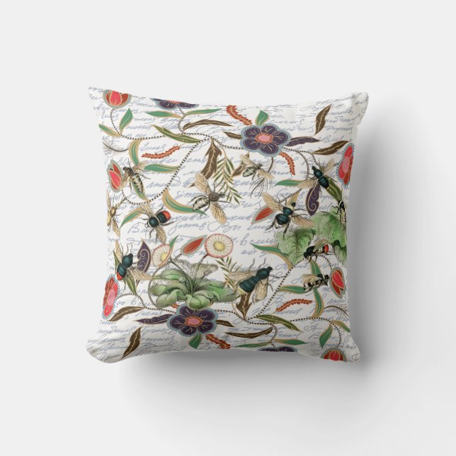 Modern Vintage French Bees & Flowers Throw Pillow (Front)