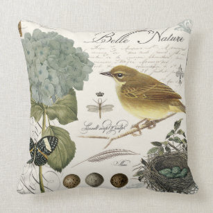 modern vintage French bird and nest Throw Pillow