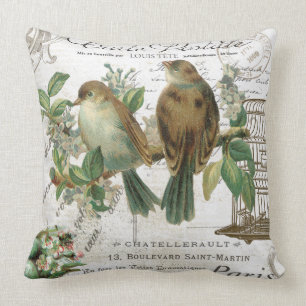 Modern Vintage French birds and birdcage Throw Pillow