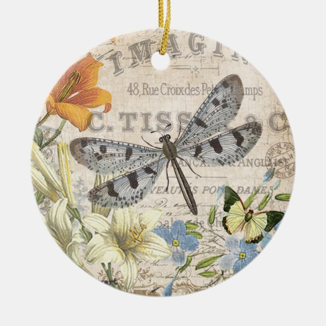 modern vintage french dragonfly ceramic ornament (Front)