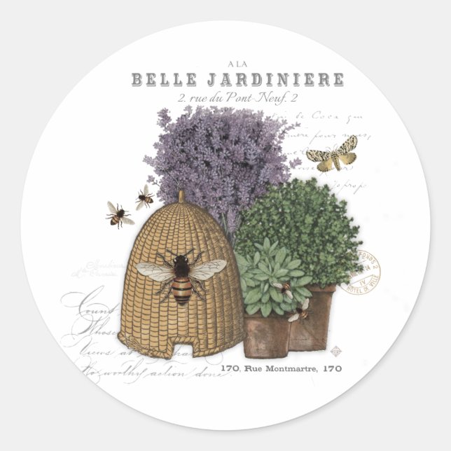 Modern vintage french farmhouse bee classic round sticker (Front)