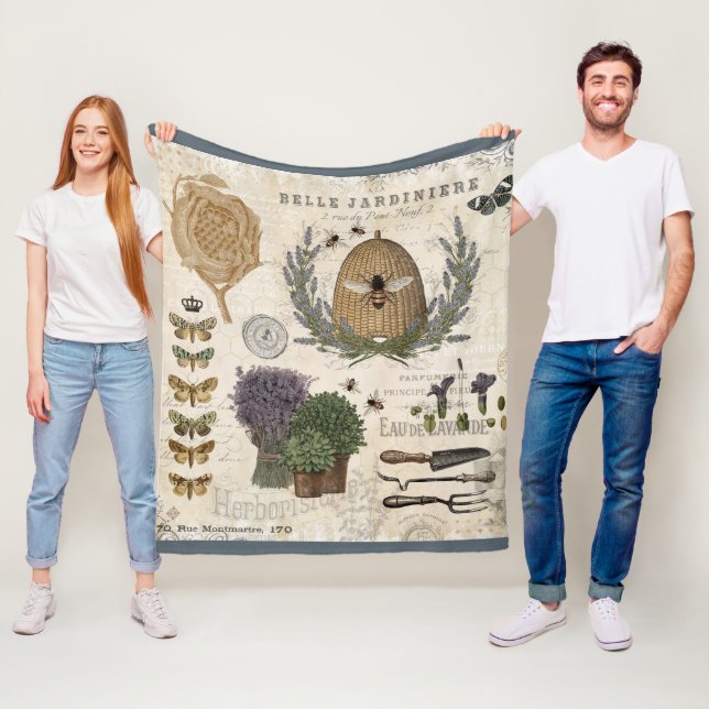 Modern vintage french farmhouse bee fleece blanket (In Situ)