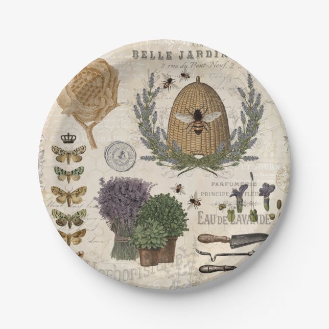 Modern vintage french farmhouse bee paper plate (Front)