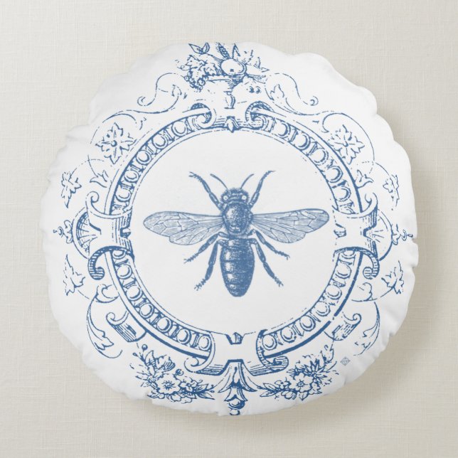 modern vintage french farmhouse bee round pillow (Front)