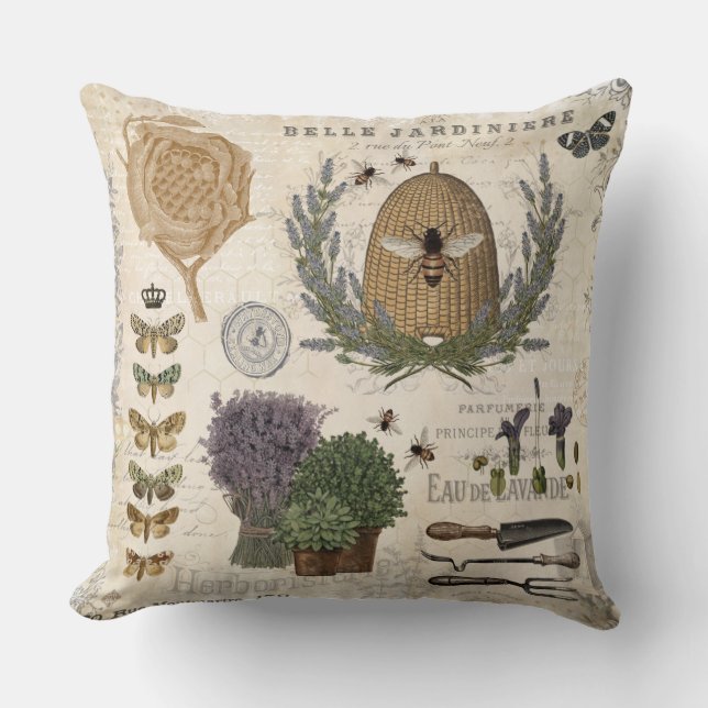 Modern Vintage French Farmhouse Bee Throw Pillow (Front)