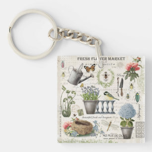 Modern Vintage french farmhouse flower garden Keychain