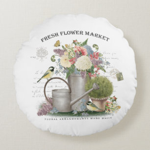 Modern Vintage french farmhouse flower garden Round Pillow