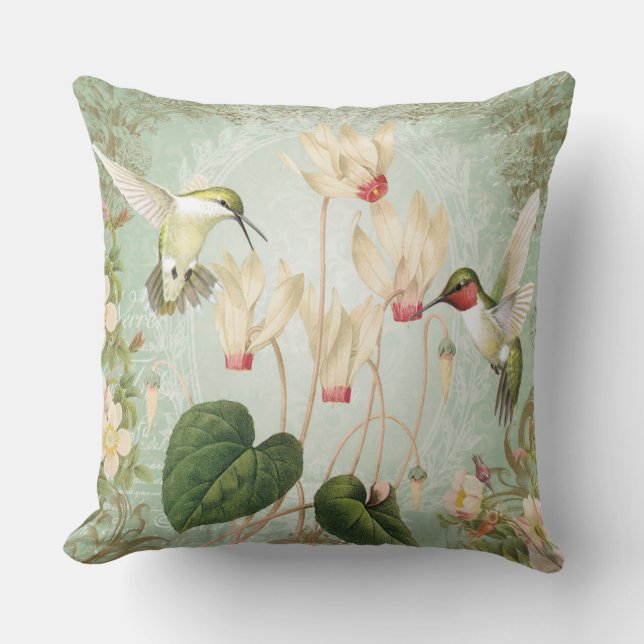 Modern Vintage French Hummingbirds Throw Pillow (Front)