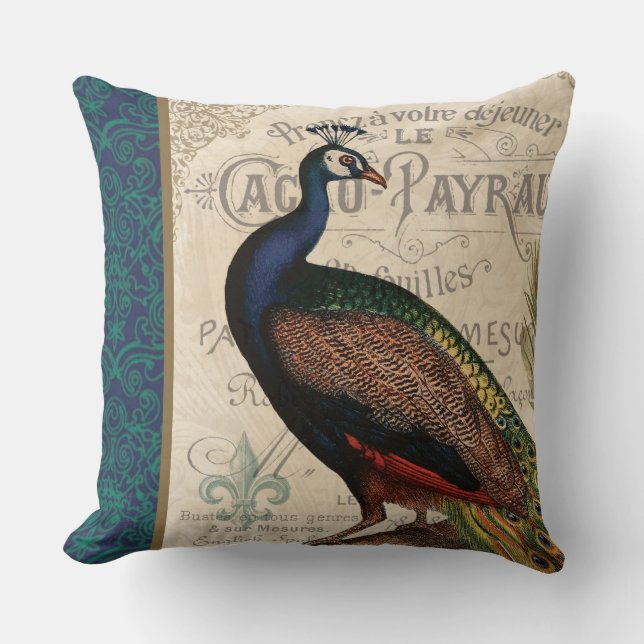 modern vintage french peacock throw pillow (Front)