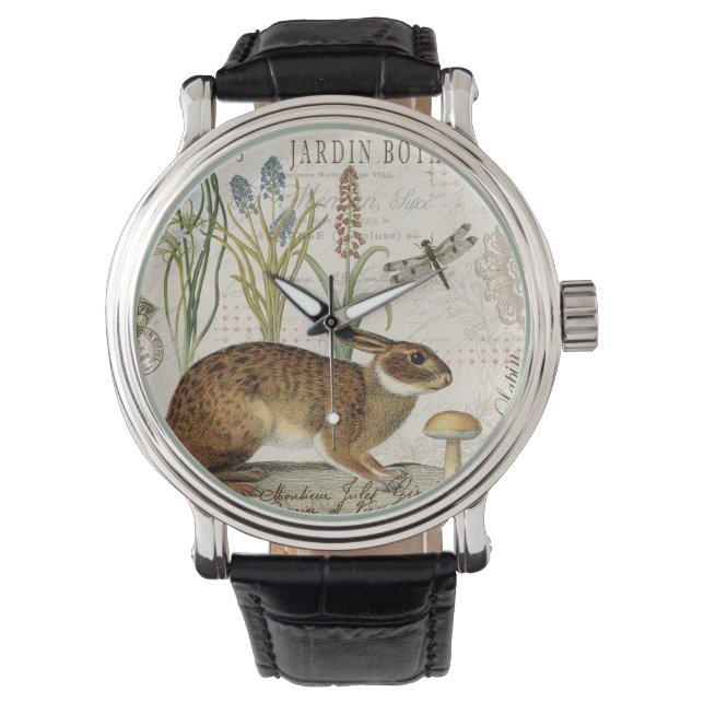 modern vintage french rabbit in the garden watch (Front)
