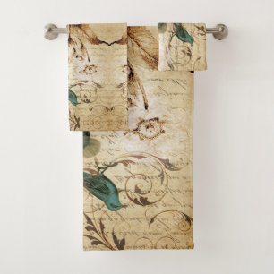 Modern Vintage french  Scripts bird botanical Bath Towel Set